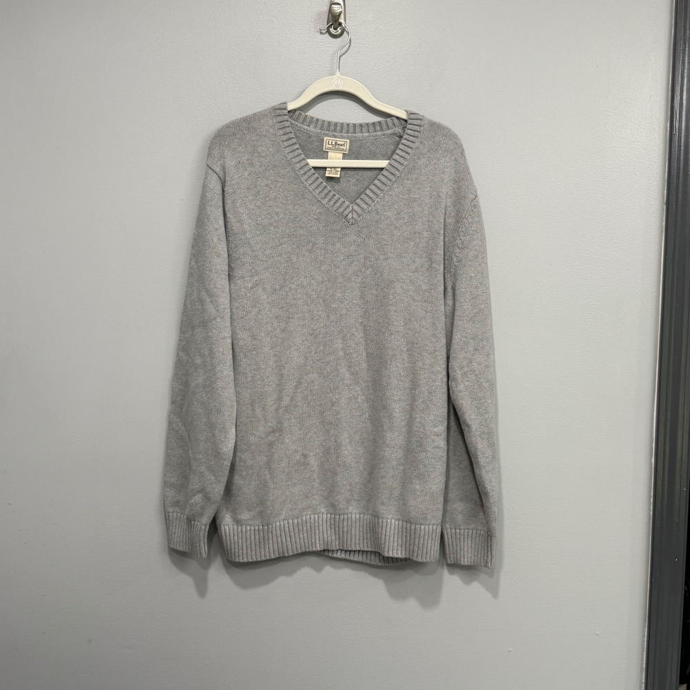 LL Bean Vintage Mens XL Tall Gray V-Neck 100% Cotton Sweater 270807